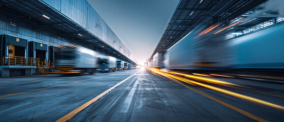 Motion blur of container trucks entering and leaving an international logistics distribution warehouse. Ai generate.	
