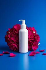 White pump bottle of cosmetic product surrounded by vibrant red rose petals on a blue background