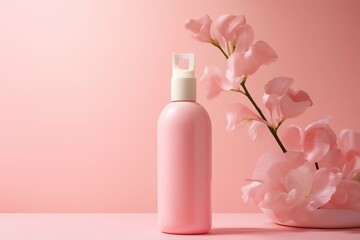 Elegant pink cosmetic bottle with delicate pink flowers and soft lighting