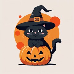 Cute black cat wearing a witch hat sitting on a carved pumpkin with an orange Halloween-themed background