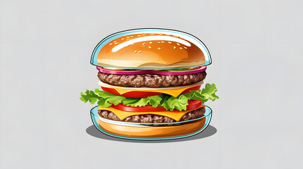 Flat Vector of Burger with Transparent Glass Bun Showing Colorful Layers Inside, Minimal Creative Food Illustration, No Shadow