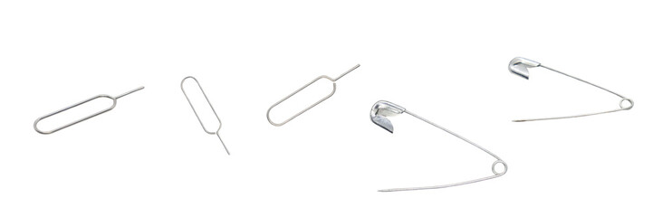 sim card ejector pin and safety pin collection on transparent background.