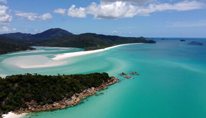 Obraz premium A breathtaking aerial view of a pristine white-sand beach, turquoise waters, and lush green hills.