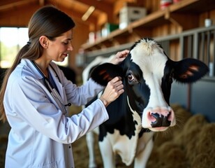 A woman is examining a cow in a barn