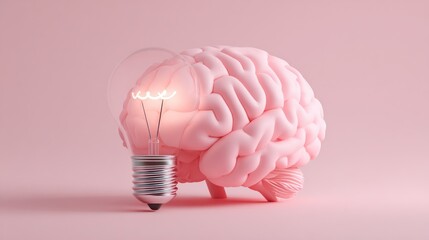 Pink human brain model with a light bulb glowing with inspiration