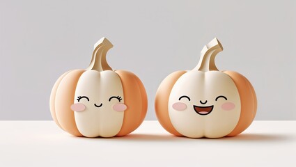 Fototapeta premium Two cute pumpkins with smiling faces and blush cheeks on a light background, perfect for autumn or Halloween themes