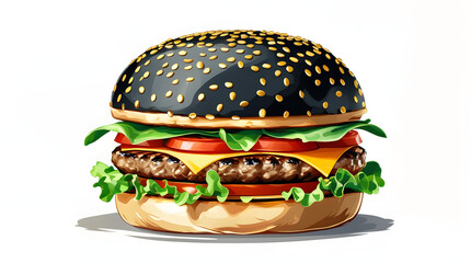 Vector Clipart of Gourmet Burger with Black Charcoal Bun and Gold Sesame Seeds, Isolated Flat Minimal Fast Food Illustration on White Background