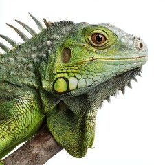 Fototapeta premium A close-up of a vibrant green iguana perched on a branch, showcasing its detailed skin and captivating eyes