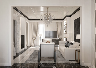 3d render of neo classic home interior living room, and dining room