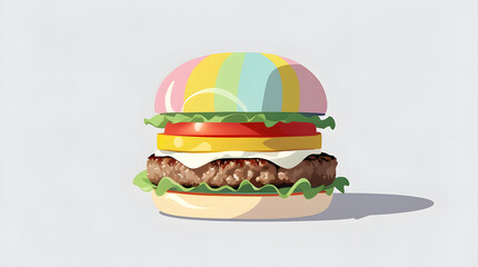 Minimalist Flat Vector Illustration of Burger with Rainbow-Colored Buns, Creative Pride-Inspired Fast Food Clipart Isolated on White Background