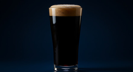 A tall glass filled with dark stout beer, topped with a creamy, foamy head, against a dark blue background.