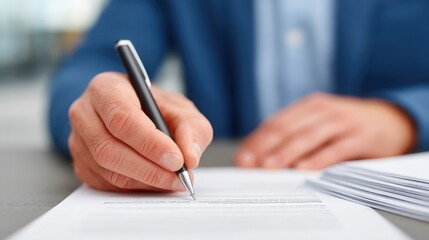 A man is writing with a pen on a piece of paper