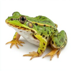 Fototapeta premium A detailed shot of a vibrant green frog in a side profile view, captured in its natural habitat. The frog displays intricate patterns and textures on its skin, showcasing its unique details. 