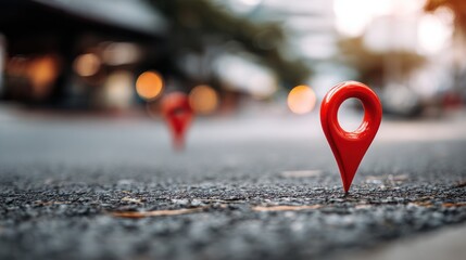 Red map pins on asphalt street, shallow depth of field, blurred city backdrop