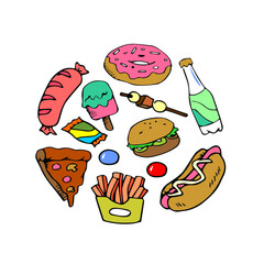 fast food hand drawn doodle set vector illustration
