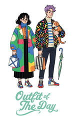 Fashionable young couple in colorful coats posing with dog, umbrella, and bag, stylish modern flat illustration design.