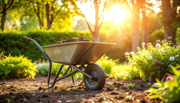 Garden wheelbarrow filled with soil under a bright sun