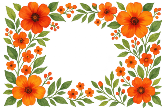 Orange floral frame watercolor design isolated illustration on transparent background