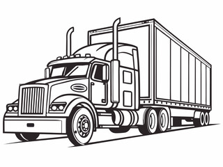 Vector style coloring page with a simple black outline drawing of a freight truck