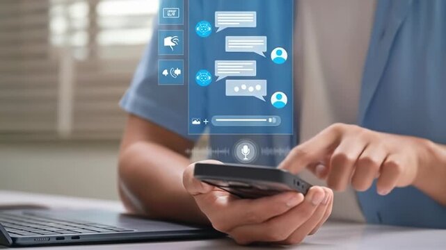Person using a smartphone with a virtual interface overlay displaying chat messages and communication icons - Powered by Adobe