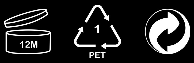 Period after opening 12m, plastic recycle code 1 pet, green point signs collection on white background. Eco packaging symbols, PET 1, PAO jar 12m, green dot. Packaging icons set. Vector illustration 
