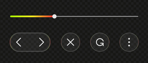 Modern UI controller elements. A gradient slider and transparent glass buttons for navigation and actions. User interface design elements.