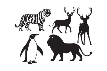 Diverse animal silhouettes including tiger deer penguin and lion