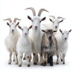 Fototapeta premium A group of goats of various breeds looking directly at the camera. Some have large curved horns, others smaller ones, all with different colors and textures.