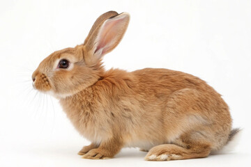 Obraz premium A sharp, detailed image of a cute rabbit sitting in profile on a solid white surface