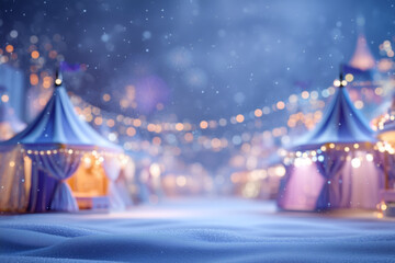 Snowy carnival tents with glowing string lights gentle snowfall festive night winter holiday market illuminated seasonal celebration background backdrop for Christmas and New Year event design