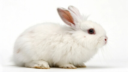 Obraz premium A pure white rabbit with reddish-brown eyes, sitting in profile against a seamless white background