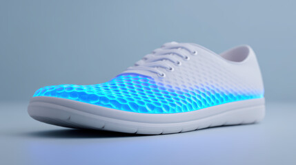 A stylish white sneaker featuring a vibrant blue glowing pattern, merging modern design with futuristic aesthetics.