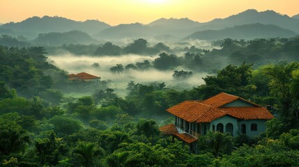 Naklejka premium Mist-covered valley with fog blanketing hills and serene atmosphere.