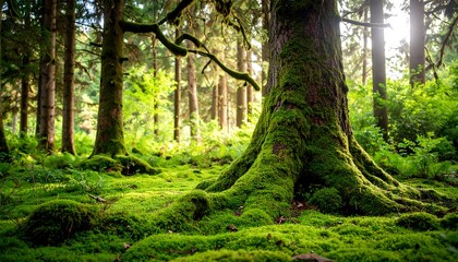 Fototapeta premium Lush green moss blankets the forest floor, illuminating the base of a towering tree trunk, bathed in the soft sunlight of a tranquil woodland setting.
