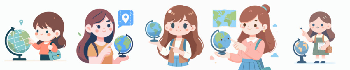 Cute Cartoon Girl with Globe Education Illustration Set