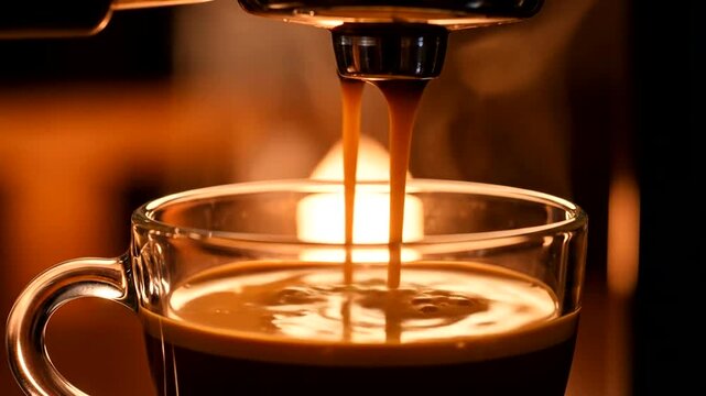 Aromatic coffee drips into a transparent cup, showcasing a rich espresso.