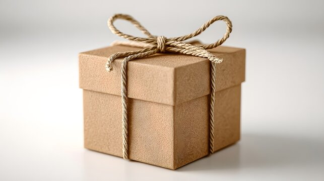 Cardboard gift box with a string bow on a clean white background
