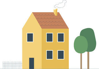 Cartoon yellow house with chimney smoke, suburban home illustration, residential building, cozy family housing, real estate, trees, property concept