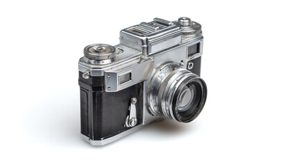 Old fashioned, antique photo camera close up on white background