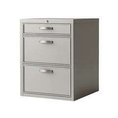 A three-drawer metal filing cabinet, isolated on a white background, ready for office use.
