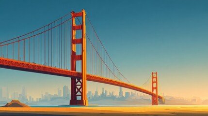 Stylized Golden Gate bridge in warm tones against a clear sky with distant city backdrop