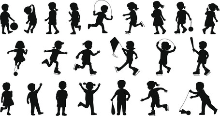 Children silhouette vector, kids playing sports, outdoor activities, fun movement, childhood motion graphic, active lifestyle illustration, happy energetic youth scene