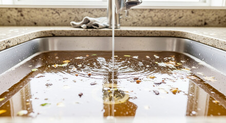 Clogged Kitchen Sink Overflowing with Dirty Water and Food Scraps from Running Faucet