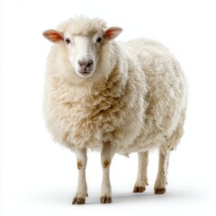 A fluffy sheep stands, with a soft, white coat, gazing at the camera. A symbol of peace and farm life