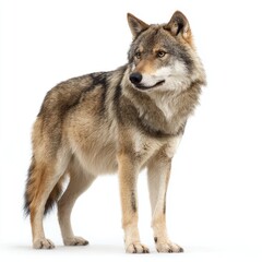 A majestic wolf stands with a composed demeanor, its gaze directed towards the side. The wolf's features exude a captivating presence