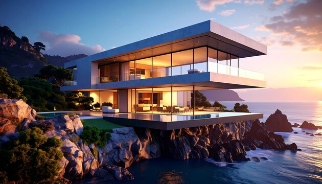 A modern, architectural, cliffside home with a breathtaking ocean view, bathed in warm sunset light.