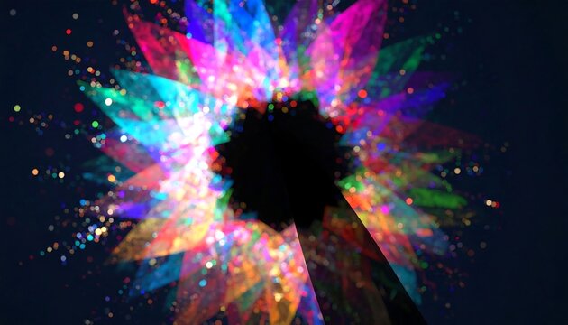 A vibrant explosion of color radiates outward, creating a dynamic and colorful design with translucent, multicolored shards.