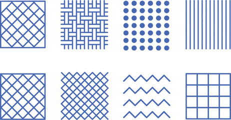Set of Eight Geometric Seamless Pattern Designs in Blue on White Background