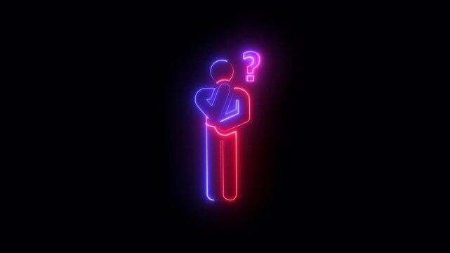 Abstract neon shine man icon animation. glowing Neon question mark man icon. animation black background. Glowing neon person or people sign animation. 4K glowing neon motion graphics icon.