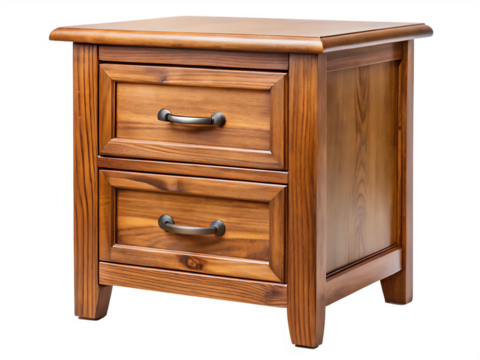 Wooden Nightstand with Two Drawers and Dark Handles Isolated bedside table furniture isolated on a transparent background